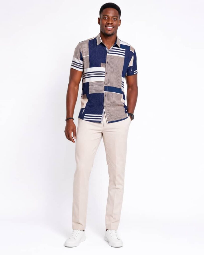 Navy Stone Patchwork Short Sleeve Shirt