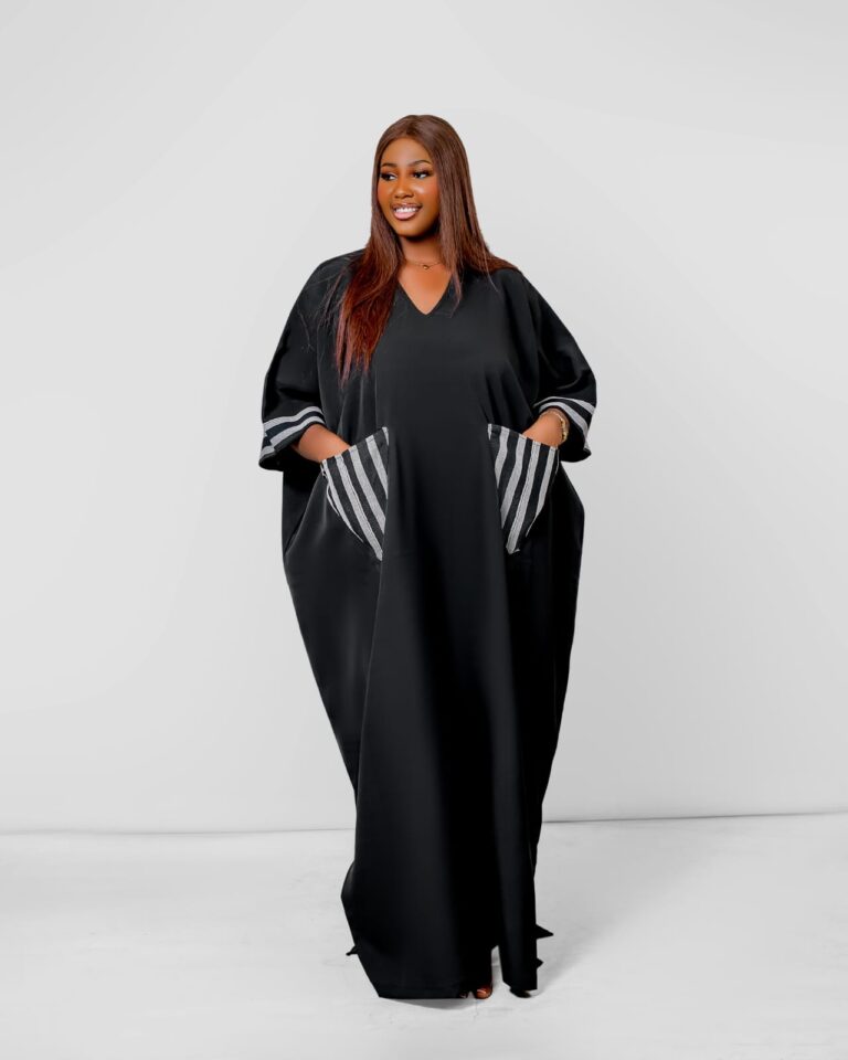 Black Striped Pocket Bow Back Kaftan Maxi Dress fit assistant image