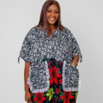 Black White Floral Pocket Kaftan Mini Dress thumbnail 2