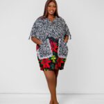 Black White Floral Pocket Kaftan Mini Dress thumbnail 1