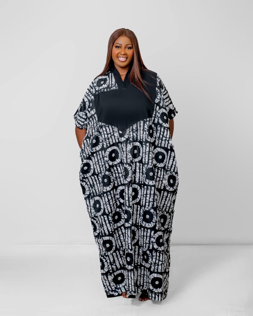 Black White Print Panel Kaftan Maxi Dress