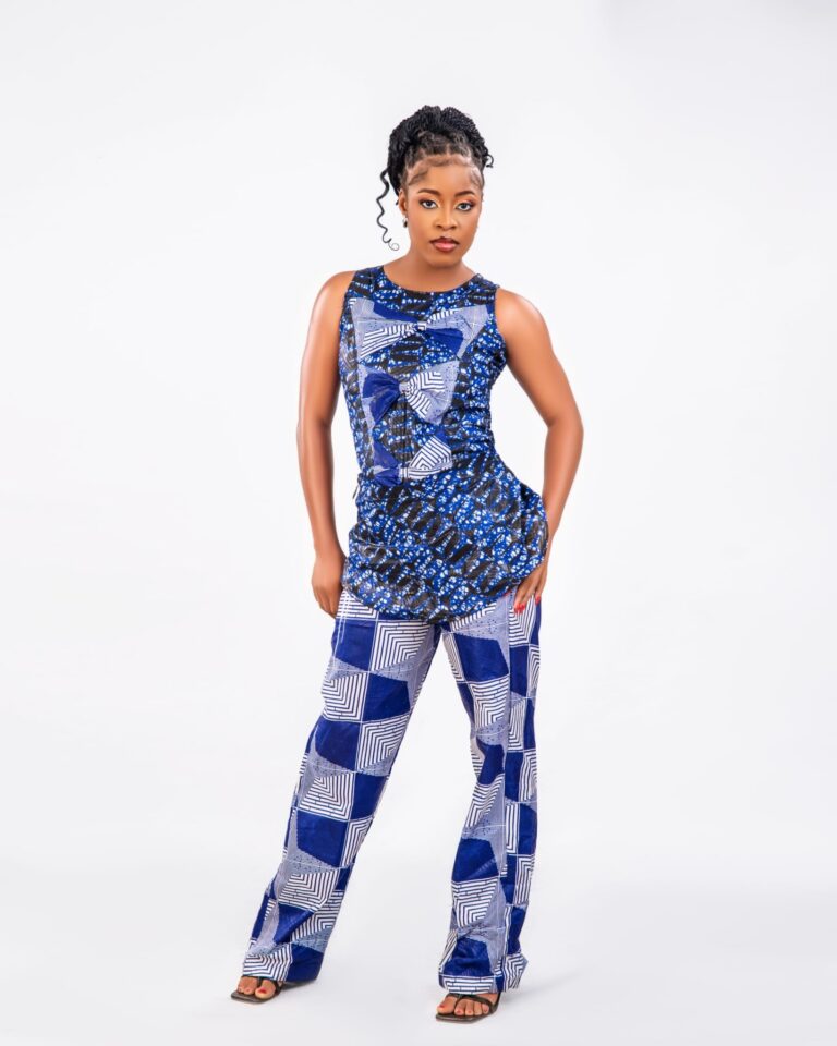 Blue Ankara Sleeveless Peplum Trouser Set fit assistant image