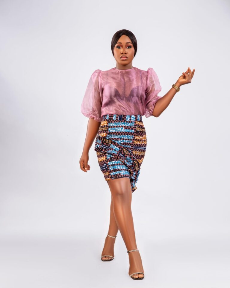 Blush Sheer Puff Sleeve Ankara Skirt Set fit assistant image