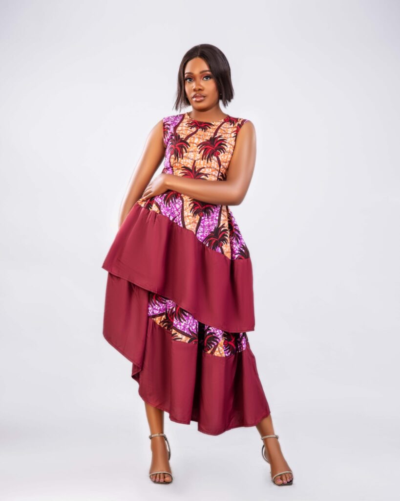 Burgundy Ankara Panel High-Low Midi Dress