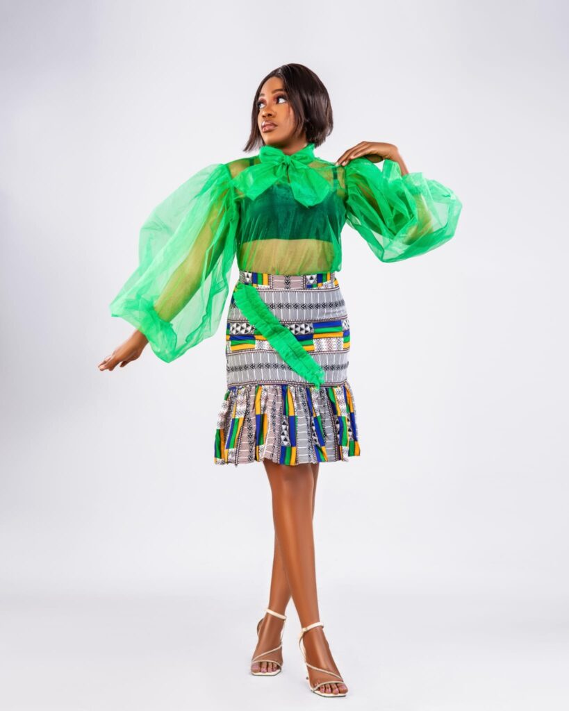 Emerald Sheer Bow Blouse Ankara Mini Skirt Set alternate view