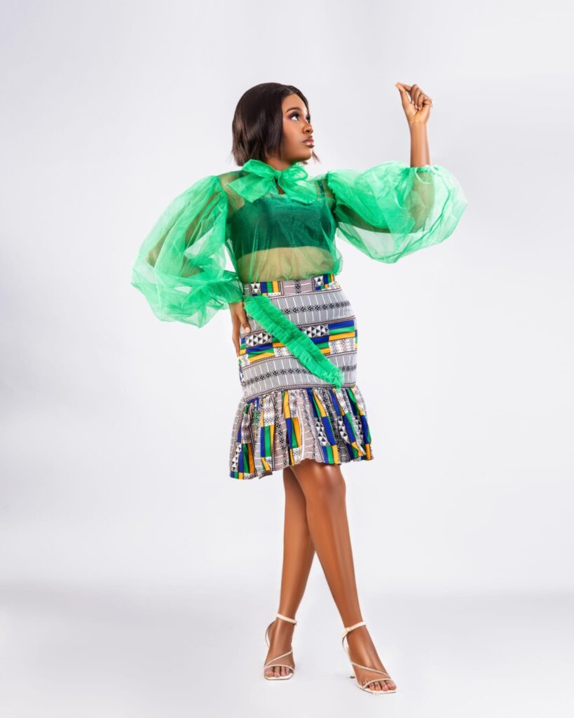 Emerald Sheer Bow Blouse Ankara Mini Skirt Set image 3
