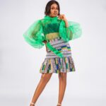 Emerald Sheer Bow Blouse Ankara Mini Skirt Set thumbnail 1