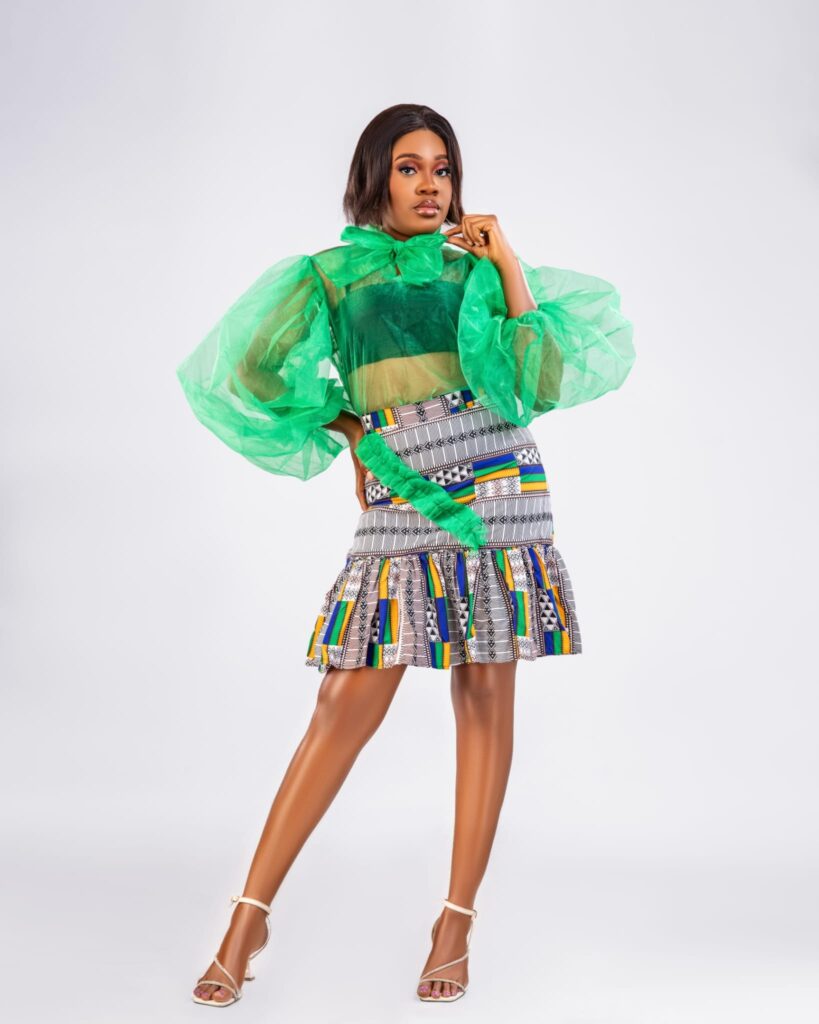 Emerald Sheer Bow Blouse Ankara Mini Skirt Set