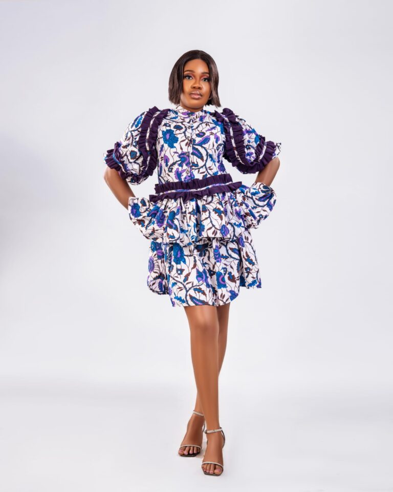 Ivory Purple Ankara Ruffle Puff Sleeve Mini Dress fit assistant image