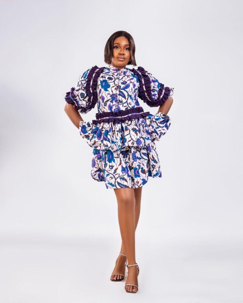 Ivory Purple Ankara Ruffle Puff Sleeve Mini Dress