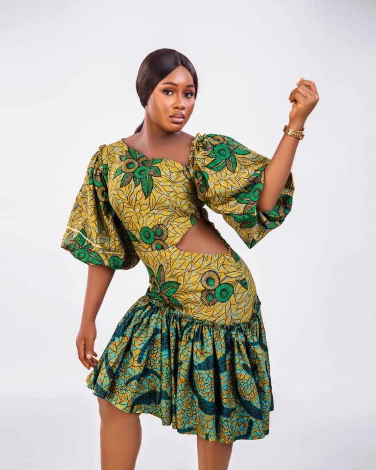 Mustard Ankara Cut-Out Puff Sleeve Mini Dress fit assistant image