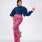 Navy Ruffle Sleeve Ankara Wide-Leg Trouser Set thumbnail 2