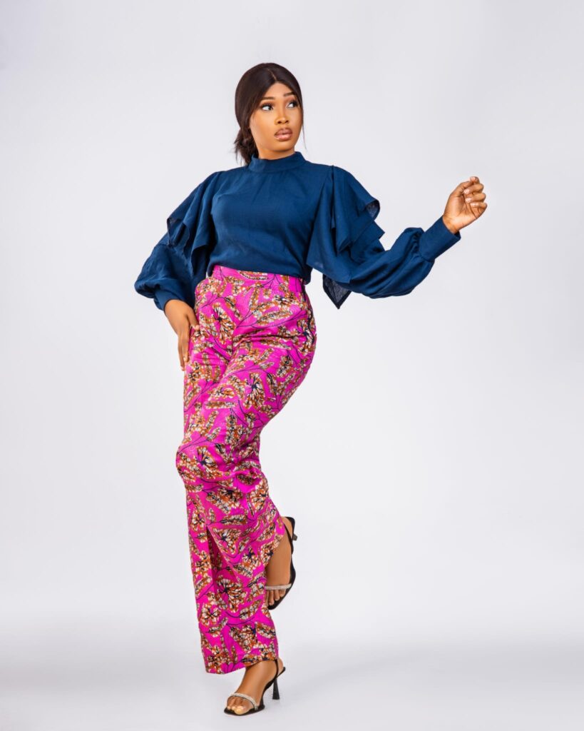 Navy Ruffle Sleeve Ankara Wide-Leg Trouser Set alternate view