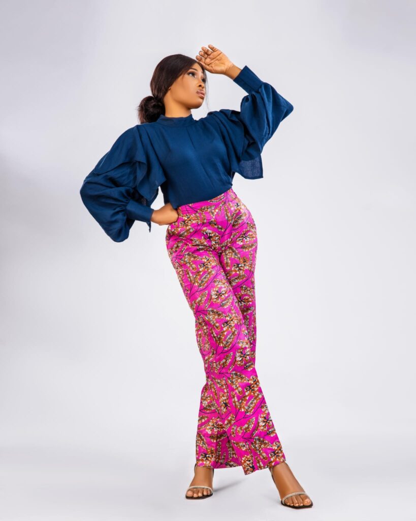 Navy Ruffle Sleeve Ankara Wide-Leg Trouser Set image 3
