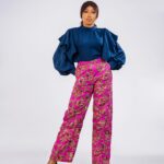 Navy Ruffle Sleeve Ankara Wide-Leg Trouser Set thumbnail 1