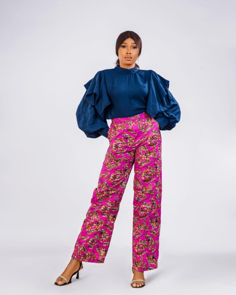 Navy Ruffle Sleeve Ankara Wide-Leg Trouser Set fit assistant image