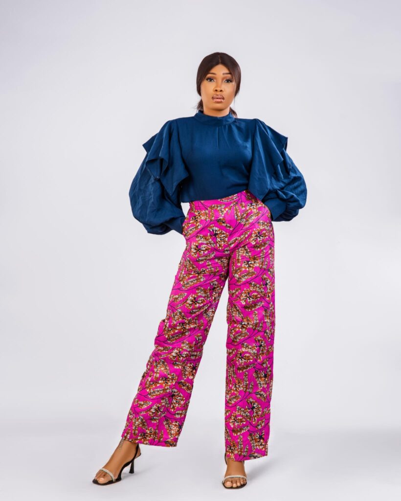 Navy Ruffle Sleeve Ankara Wide-Leg Trouser Set