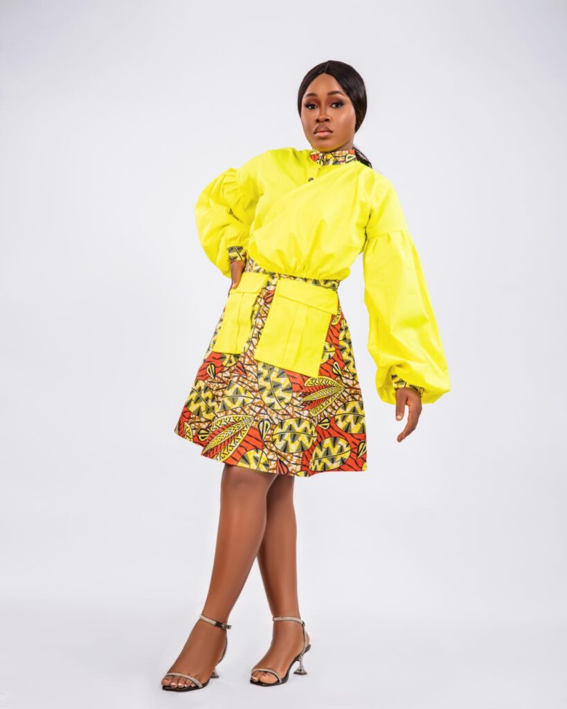 Neon Yellow Ankara Puff Sleeve Skirt Set alternate view