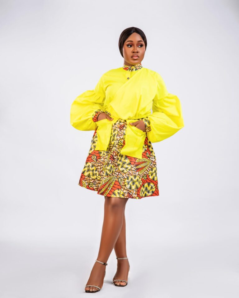 Neon Yellow Ankara Puff Sleeve Skirt Set fit assistant image