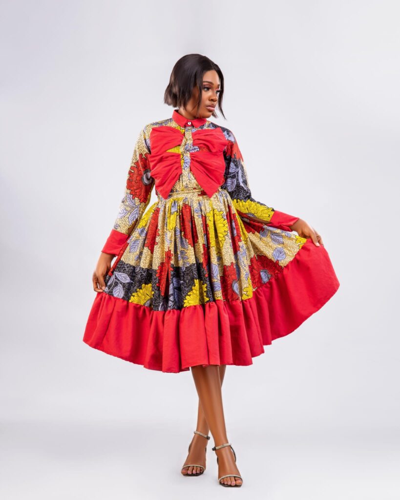Red Bow Ankara Midi Shirt Dress image 3