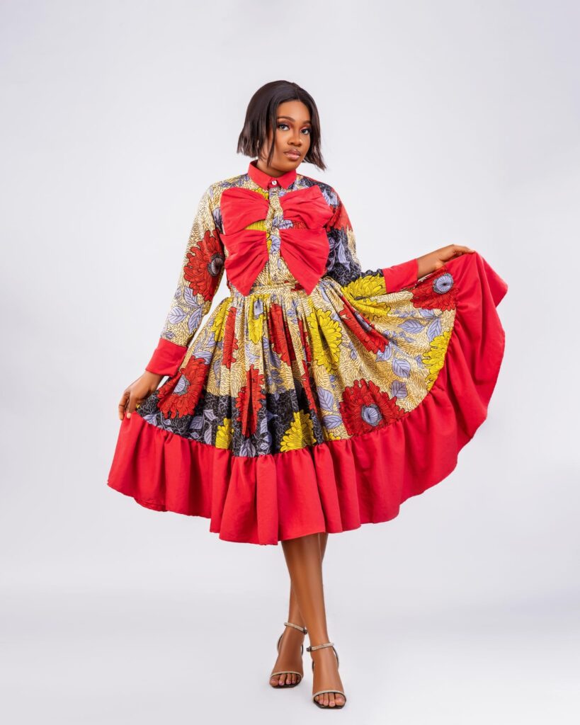 Red Bow Ankara Midi Shirt Dress