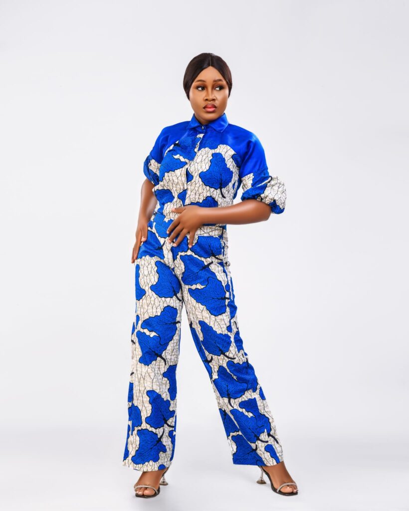 Royal Blue Ankara Leaf Print Trouser Set