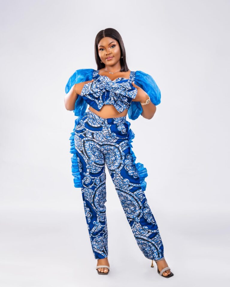 Royal Blue Ruffle Crop Top Ankara Trouser Set fit assistant image