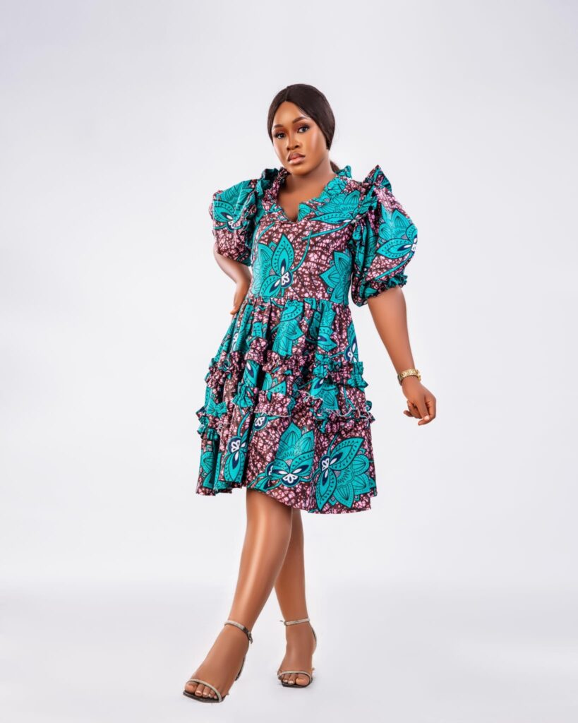 Teal Ankara Ruffle Puff Sleeve Mini Dress alternate view