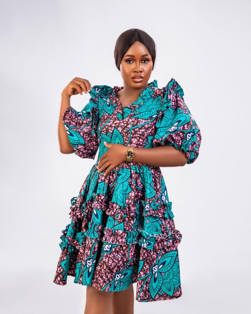 Teal Ankara Ruffle Puff Sleeve Mini Dress image 3