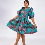 Teal Ankara Ruffle Puff Sleeve Mini Dress thumbnail 1