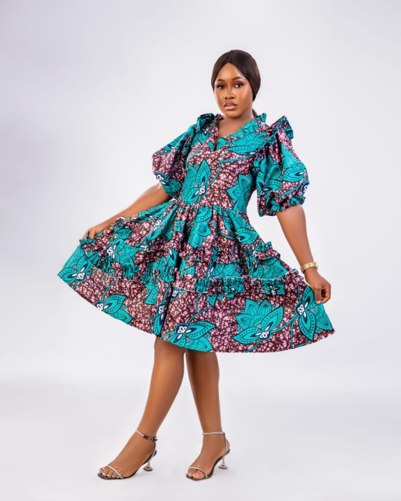 Teal Ankara Ruffle Puff Sleeve Mini Dress