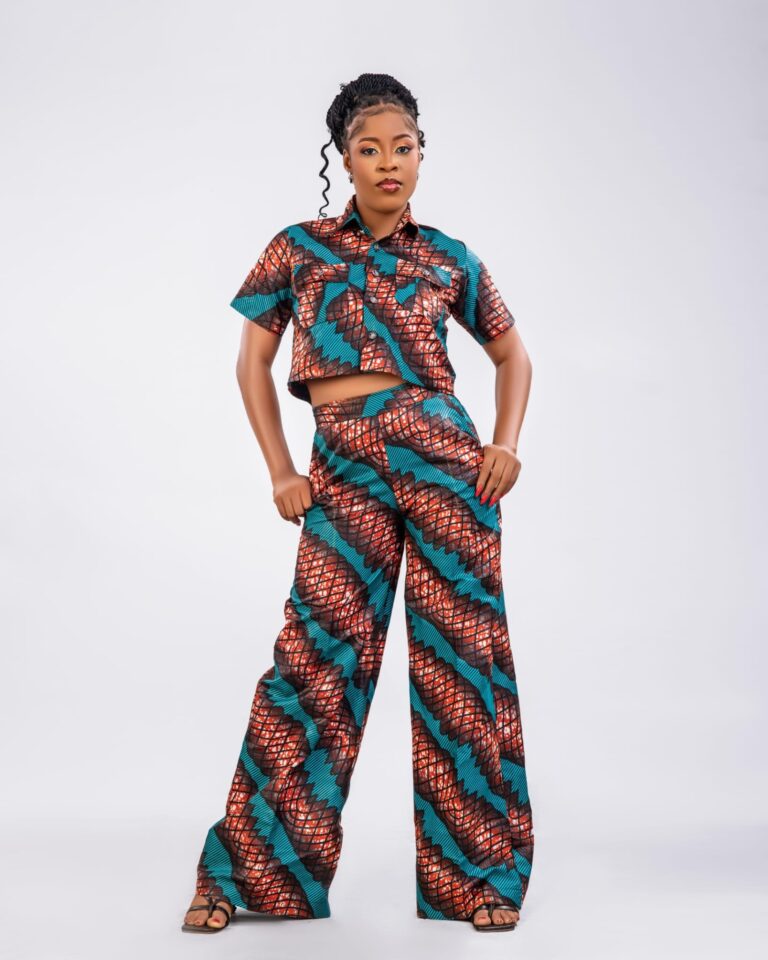 Teal Rust Ankara Crop Shirt Wide Leg Trouser Set fit assistant image