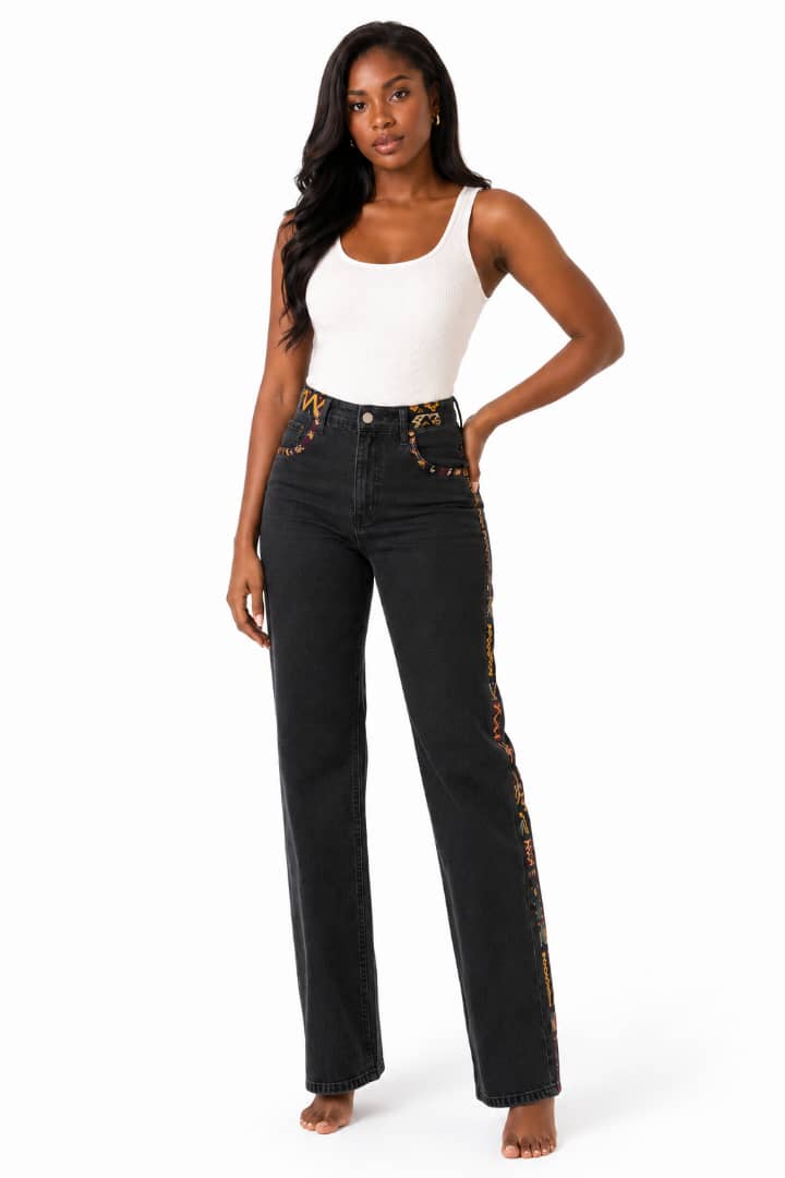 Ankara Trim Straight-Leg Black Jeans fit assistant image